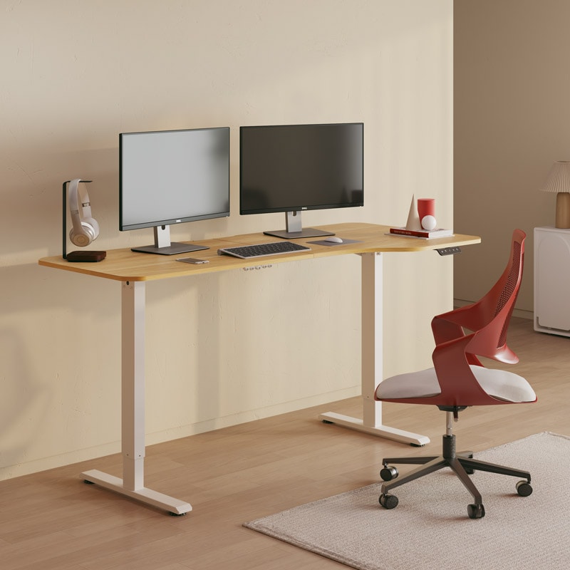 Elektrisch Höhenverstellbarer Schreibtisch - FlexiSpot Lite, Ahornplatte + Weißes Gestell mit 140x60cm Tischplatte